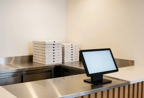 Stainless steel counter in a pizzeria with pizza boxes and a digital display ready for service