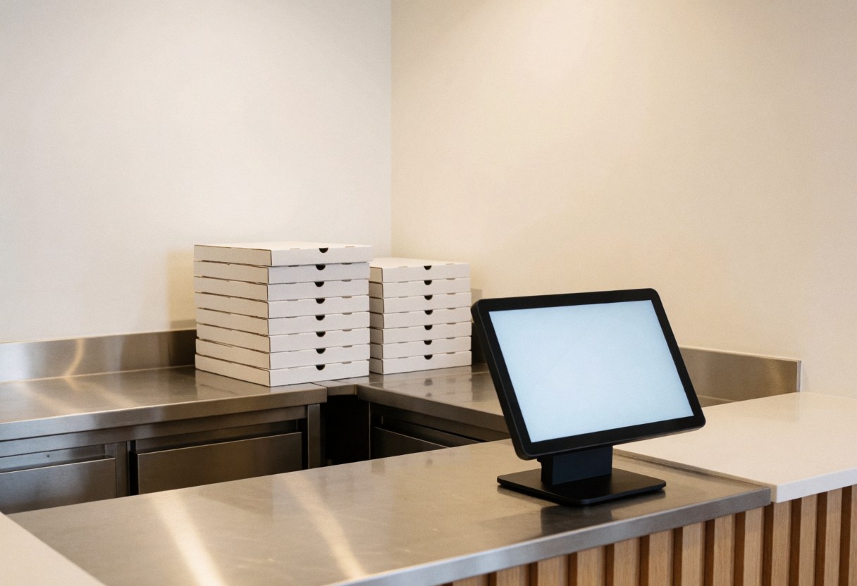 Stainless steel counter in a pizzeria with pizza boxes and a digital display ready for service