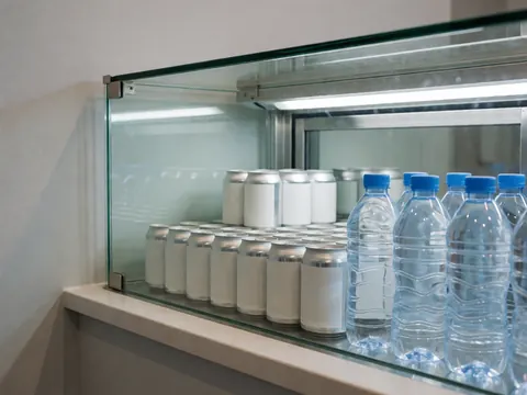 Glass display cases containing fresh and clean drinks, including bottles and cans, situated in a bright pizzeria interior with light-colored walls.