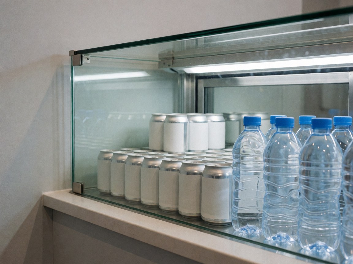 Glass display cases containing fresh and clean drinks, including bottles and cans, situated in a bright pizzeria interior with light-colored walls.