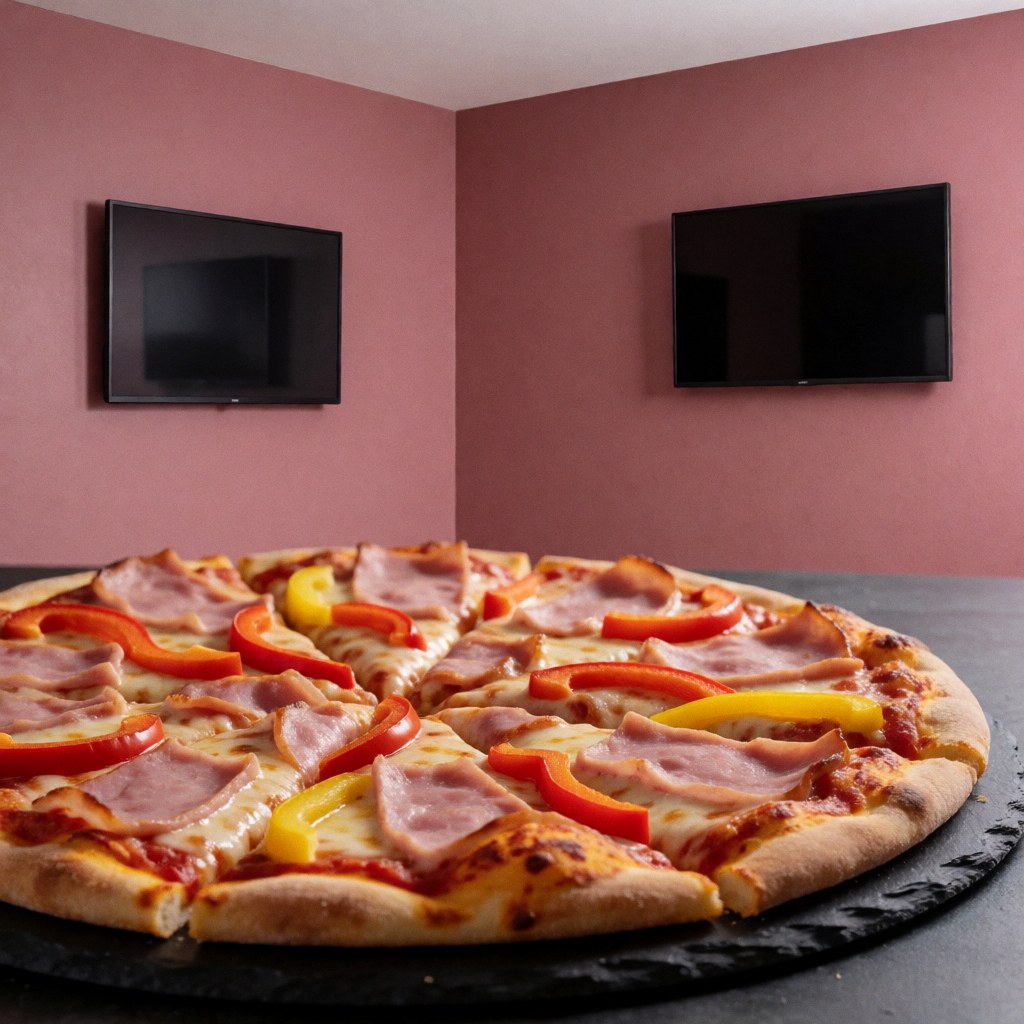 Ham and pepper pizza served on a stone plate against pink walls, ideal for a pizzeria.