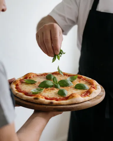 Chef placing fresh basil leaves on a pizza with sauce and cheese on a wooden board against a white wall