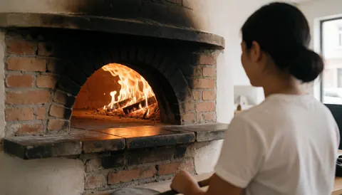 A person working in a wood-fired oven with a live fire, brick walls, and warm light in a pizzeria