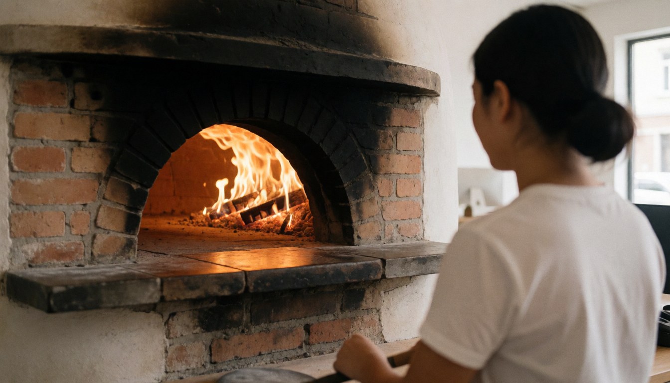 A person working in a wood-fired oven with a live fire, brick walls, and warm light in a pizzeria