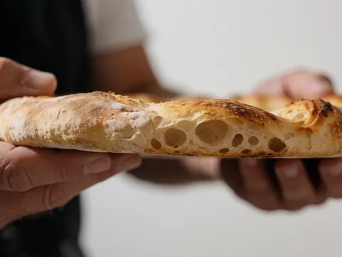 A close-up view of a pizza slice showing a crispy, open-crust texture with visible bubbles against a white background