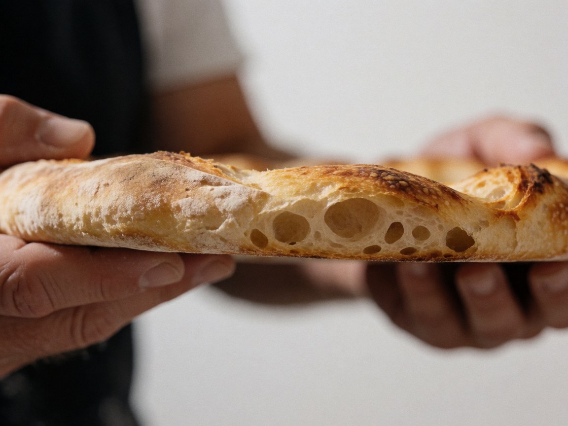 A close-up view of a pizza slice showing a crispy, open-crust texture with visible bubbles against a white background
