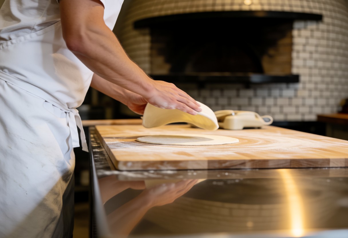 Chef stretching pizza dough on a wooden table in front of a brick oven in a pizzeria with warm lighting