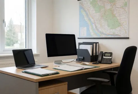 Clean modern office with computer, phone, and poultry farm map on the wall for administration