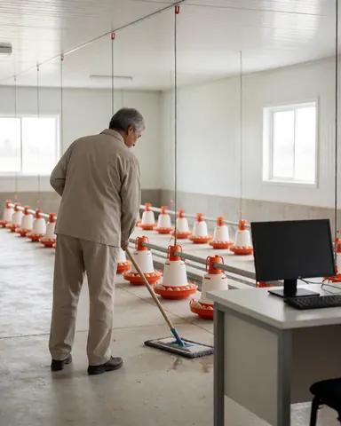 A worker cleans the floor of a poultry farm with bird feeders and a computer on a desk.