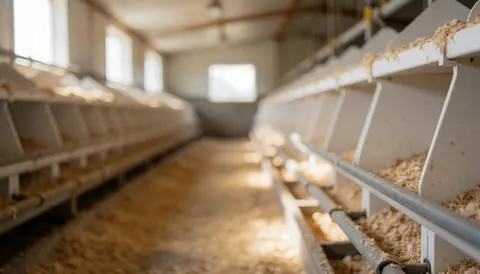White nesting boxes in a poultry farm with wood shavings on the floor and natural light, suitable for egg production text backgrounds