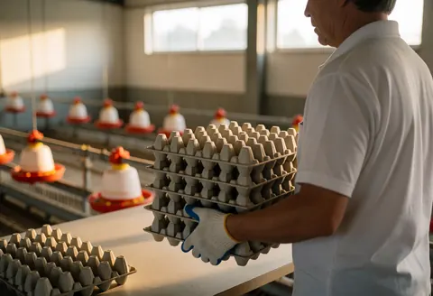 Worker carrying egg crates in a poultry farm with hanging feeders and sunset light illuminating the area