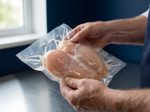 Hands manipulating chicken in a vacuum bag on a stainless steel surface with a blue wall and natural light