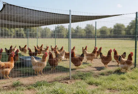 Poultry hens in an open wire cage enclosure with a water trough and shade structure under a clear sky.