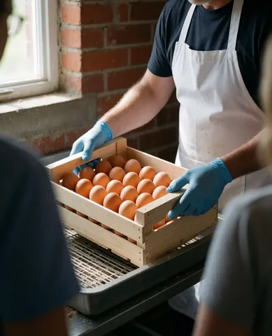 Worker in blue gloves hands wooden egg crate to customer at brick poultry farm with natural light
