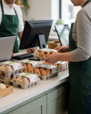 A customer choosing an egg carton at a poultry farm store counter displaying eggs and products.