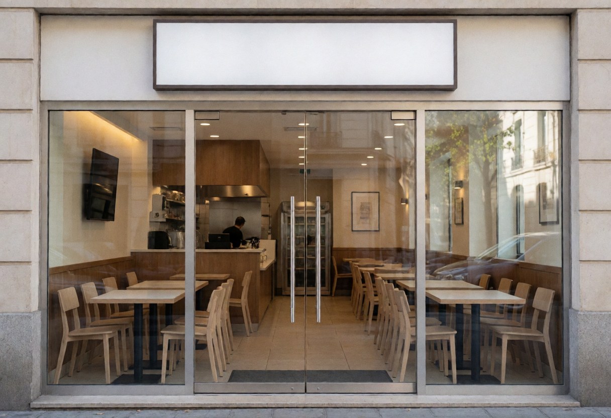 Restaurant entrance featuring tables and chairs with a person working in the kitchen under warm modern lighting