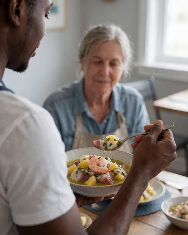 A smiling customer enjoying a bowl of seafood ceviche with a spoon in a cozy restaurant setting