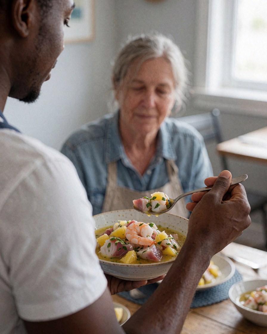 A smiling customer enjoying a bowl of seafood ceviche with a spoon in a cozy restaurant setting