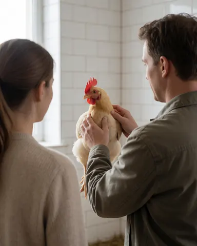 A customer watches a young hen held by a seller in a poultry farm with white tiled walls.