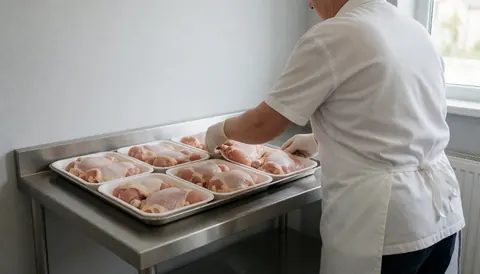 A worker arranges raw chicken pieces onto stainless steel trays in a poultry farm facility with gray walls and natural light.
