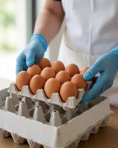 Hands wearing nitrile gloves place brown eggs into a corrugated cardboard box in a clean poultry farm setting.