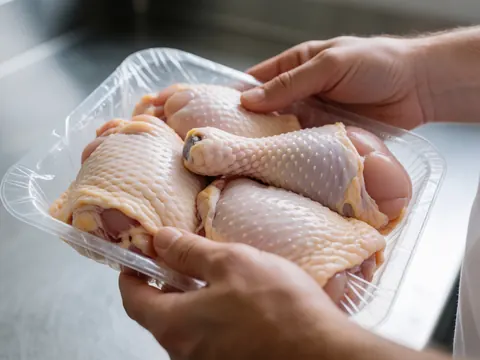 Raw chicken pieces held in a plastic container on a stainless steel surface in a poultry farm setting