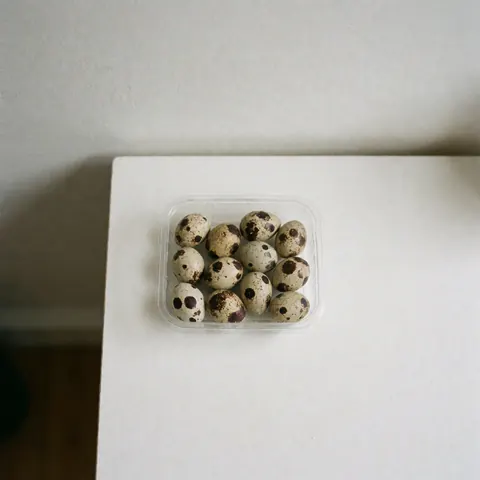 Twelve brown-spotted quail eggs in a transparent plastic container on a white table, showcasing fresh poultry farm product.