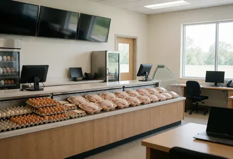 Clean counter displaying fresh eggs and chicken products at a poultry farm storefront with point of sale computers.