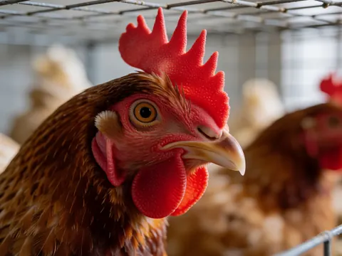 Close-up detail of a laying hen's head with red comb and eye inside a wire cage at a poultry farm