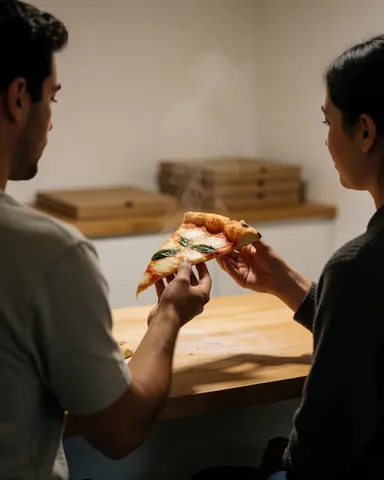 A happy customer holds a slice of steaming mozzarella and basil pizza in a pizzeria with wooden tables and pizza boxes in the background.