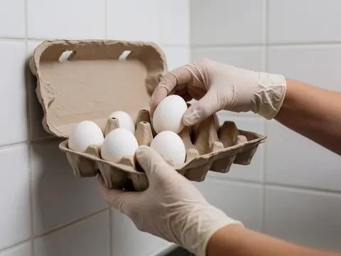 Close-up of hands wearing nitrile gloves placing white eggs into a cardboard box on a tiled surface in a poultry farm packing area