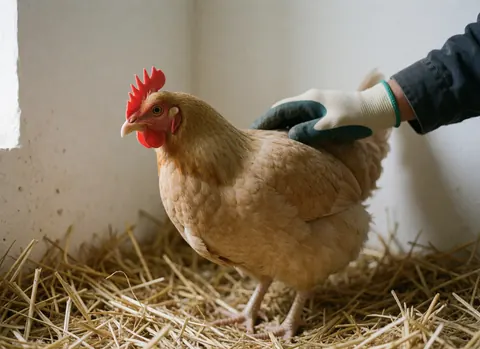 A gloved hand gently touches the back of a young hen resting on straw in a barn with white walls and natural light.