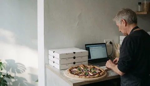 A chicken and onion pizza on a counter with delivery boxes and a laptop against a light gray wall with natural light
