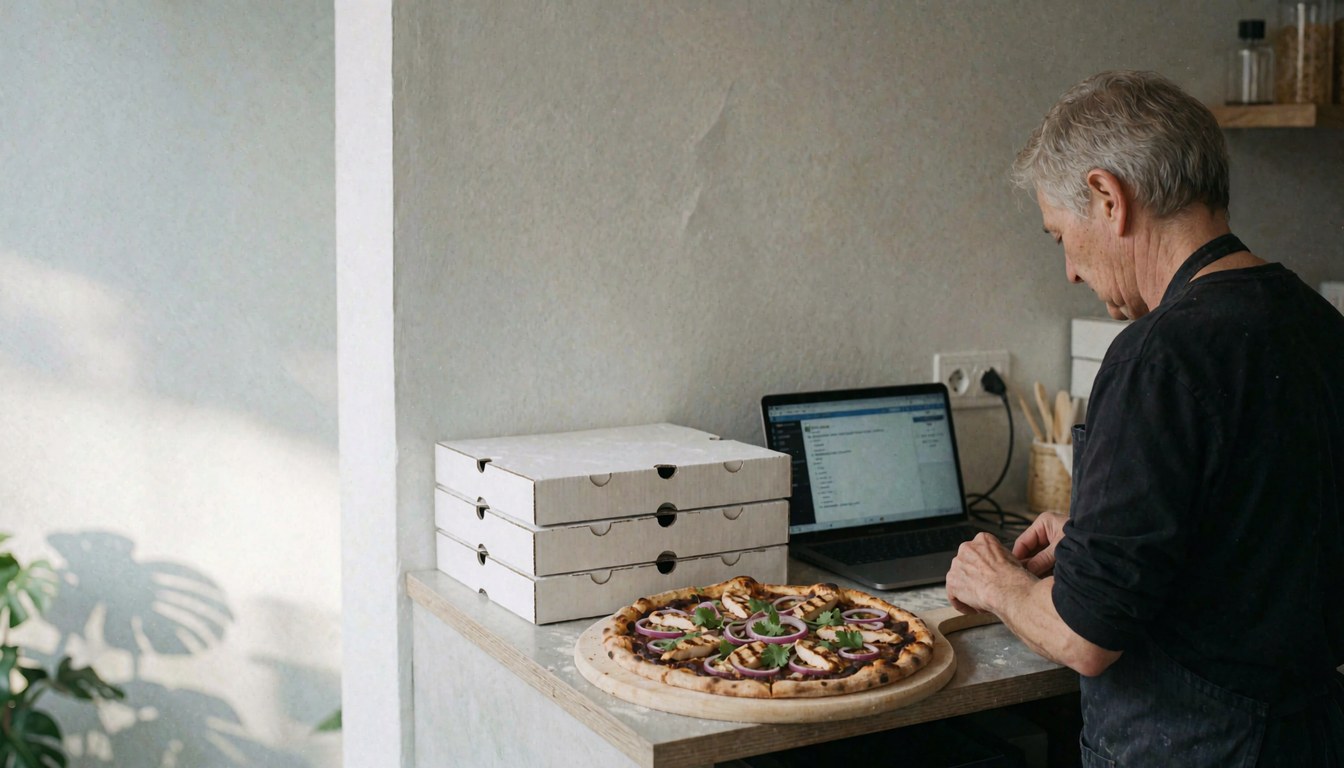 A chicken and onion pizza on a counter with delivery boxes and a laptop against a light gray wall with natural light