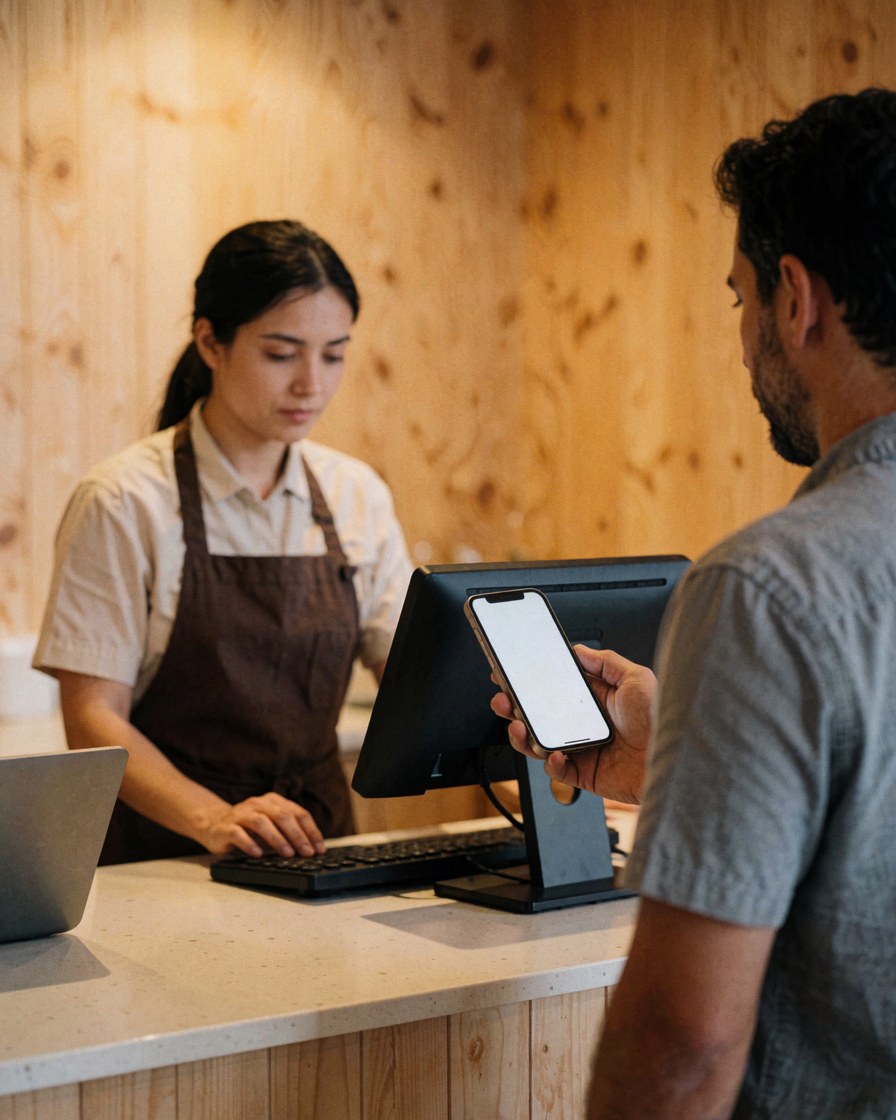 A customer uses a smartphone to order food at a pizzeria counter while staff assist with a computer near a wooden wall and cash register