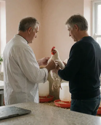 A chef in a white shirt inspects a live chicken held by a man at a poultry farm with beige walls and red feeders.