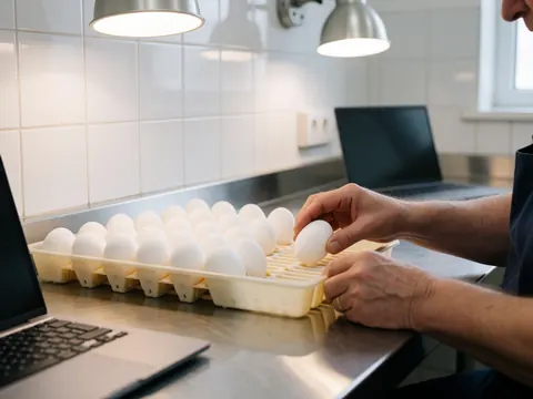 Hands placing white eggs into a sorting tray on a stainless steel table in a poultry farm setting