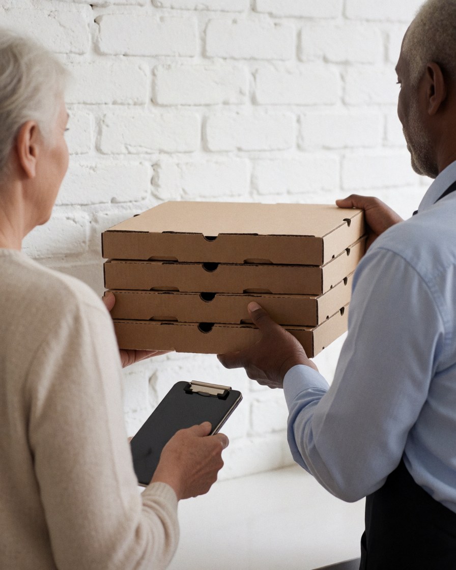 Employee hands a stack of pizza boxes to a customer holding a clipboard in a white brick pickup area.