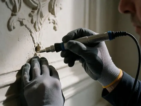 Technician wearing gloves applies sealant to wall opening with molding using an electric tool for pest control in historic buildings