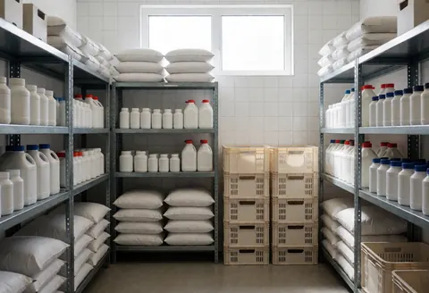 Organized poultry farm storage area featuring metal shelves stocked with feed bags and vitamin bottles against white tiled walls with natural light