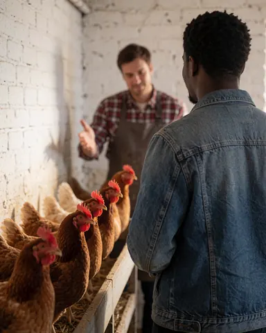 A smiling male customer gestures while observing rows of hens in a white brick barn with warm lighting.