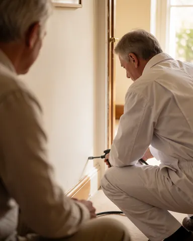 Technician in white protective suit spraying pest control treatment at a door threshold while a client observes in a home interior with natural light