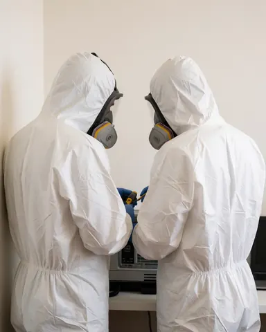 Two technicians wearing protective suits and masks work with pest control equipment in a room with warm white walls.