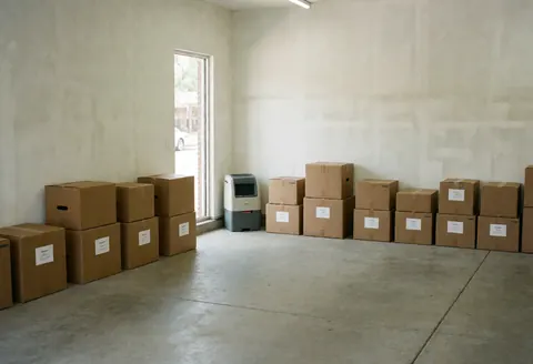 Empty garage featuring a pest control bait station, organized storage boxes, and natural light from a window, suitable for pest management services.
