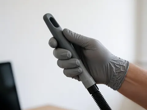Close-up of a gloved hand holding a flexible tool for pest control against a white background with natural lighting