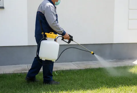 Technician in uniform and mask spraying foundation of a house with a sprayer in a green garden during pest control service