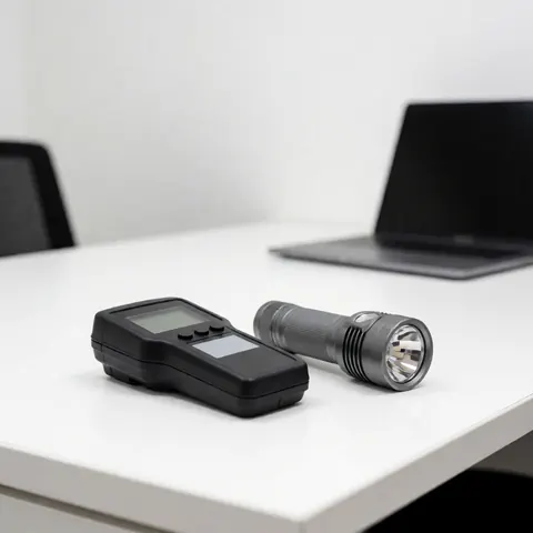 Digital moisture meter and flashlight resting on a clean white table surface, representing professional pest control equipment for modern office environments.