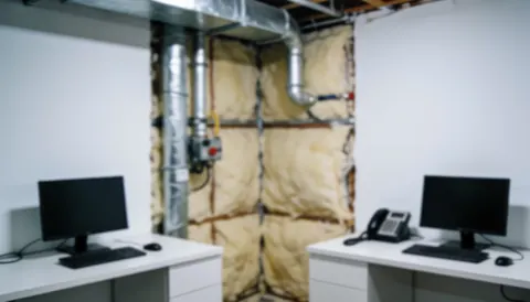Professional office background featuring insulation walls and metal pipes, with desks and computers, suitable for pest control text overlays.