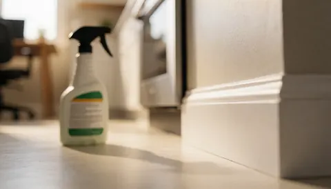 Pest control spray bottle placed on a white baseboard with a clean floor and warm lighting, suitable for pest control service backgrounds.
