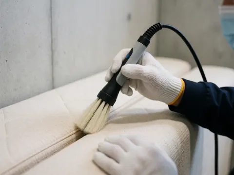 Close-up of a gloved hand using a brush to apply pest control treatment on a beige mattress in a hotel room.